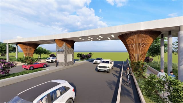 Elevated road corridor with sculpted gateway columns