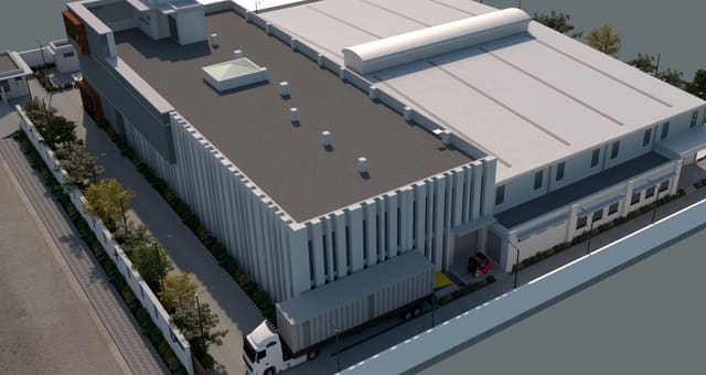 Aerial view of an industrial shed with loading bays