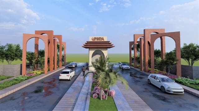 Public realm entrance with approach arches